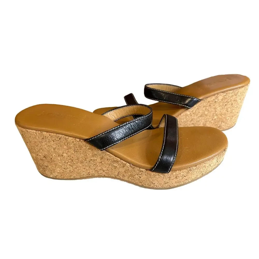 J Crew Strappy Leather Cork Platform Wedge Sandals Black 8